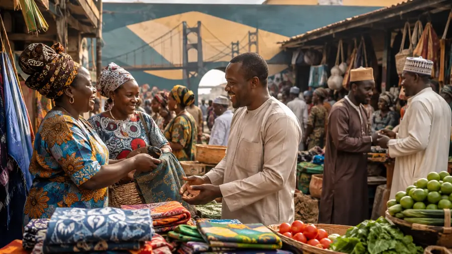 Traders negotiating over printed fabric at a busy market