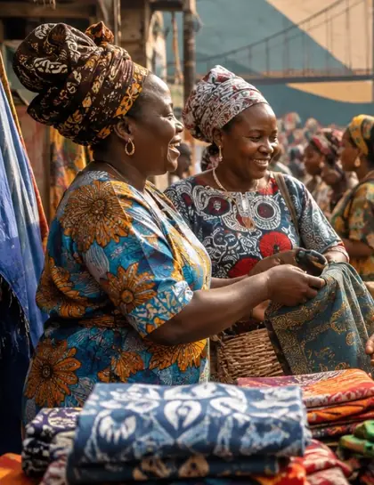 Two women traders laughing as they show printed fabric at their stall